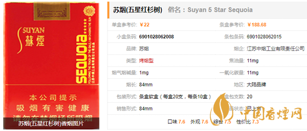 苏烟五星红杉树价格表和图片 苏烟五星红杉树好抽吗